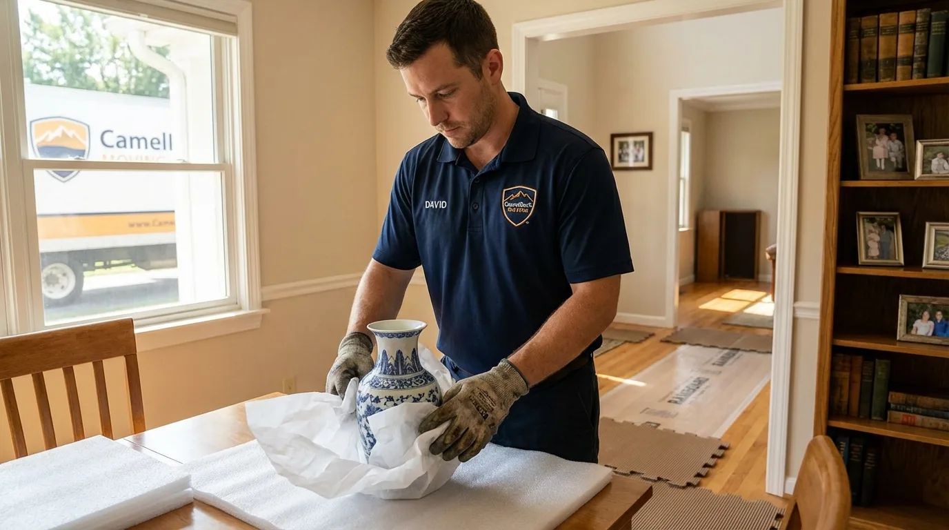 Professional crew carefully wrapping antique vase for senior downsizing move in Traverse City, MI